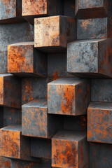 Poster - Close-up of textured metal cubes with rusty patina forming a geometric pattern, showcasing industrial design and abstract art elements.