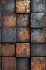 Poster - Close-up of textured metal squares in rusty tones forming a geometric pattern, showcasing industrial style and aged metallic surface details.