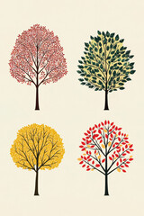 Poster - Illustration of four different trees in seasonal colors, showcasing the beauty of autumn, summer, and spring with leaves in red, yellow, and green.