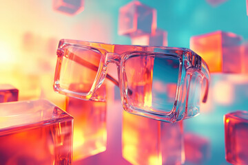 Poster - Transparent glasses and colorful cubes create a futuristic and vibrant scene, blending modern design and abstract art in vivid hues.