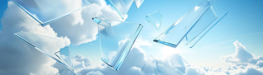 Poster - Floating glass shards against a vibrant blue sky and fluffy clouds, showcasing a surreal and ethereal visual experience.