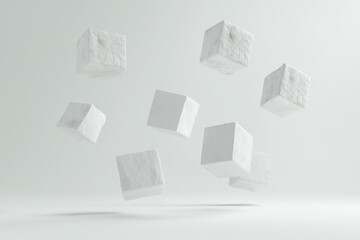 Poster - Floating white cubes in a minimalist scene create a surreal and artistic atmosphere. Perfect for modern design and abstract concepts.