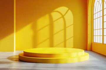 Poster - Bright yellow pedestal in a sunlit room with large arched windows casting shadows, creating a vibrant and inviting atmosphere.