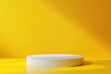 Poster - Minimalist white podium on vibrant yellow background under warm lighting, perfect for showcasing products or designs in a modern and clean setting.