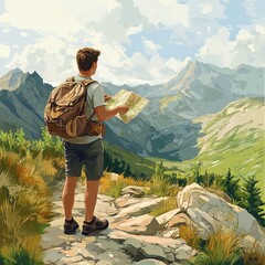 Wall Mural - Young man with a backpack exploring a mountain trail, looking at a map, adventurous spirit, rocky landscape, clear skies