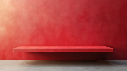 Poster - Minimalistic red shelf on a vibrant red wall, casting subtle shadows. Perfect for modern interior design and creative spaces.