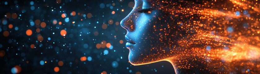 Poster - abstract digital artwork featuring a serene female face dissolving into a stream of vibrant particle