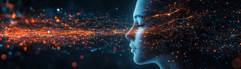 Aufkleber - futuristic digital representation of human face with abstract light trails and network connections, 
