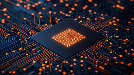 Poster - Close-up of a microchip on an electronic circuit board, showcasing technology and innovation in the field of electronics and computing.