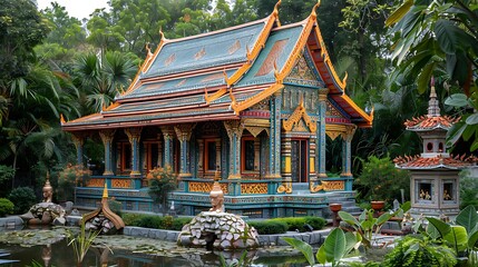 Traditional Thai spirit house, ornate miniature temple: An ornate Thai spirit house stands in a garden, its intricate carvings and bright colors offering a sacred space for protective spirits. 