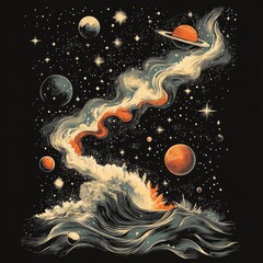 Sticker - Cosmic waves blending ocean and space elements in vibrant colors.