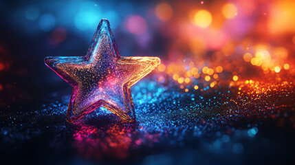 Poster - Glowing star-shaped glass ornament on a sparkling surface with vibrant bokeh lights in the background, creating a magical holiday ambiance.