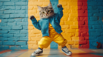 Portrait of a stylish cat dancing in kids outfit on a colorful toyroom background with field of depth, wearing stylish sneakers