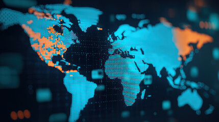 Poster - futuristic digital world map with highlighted regions in blue and orange. concept of global connecti