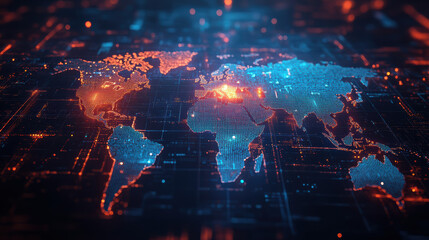 Poster - Digital world map illuminated by futuristic technology, showcasing global connections and data networks with vibrant lights.