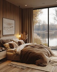 Canvas Print - Cozy bedroom with a serene lakeside view and warm decor.