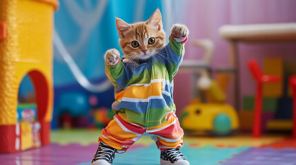 Portrait of a stylish cat dancing in kids outfit on a colorful toyroom background with field of depth, wearing stylish sneakers