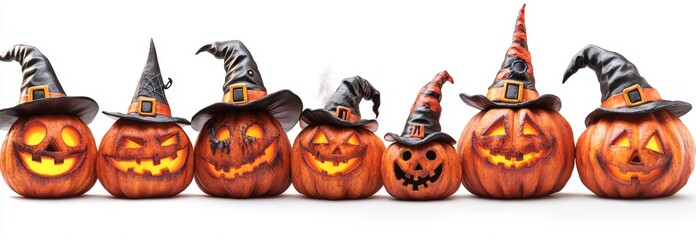 Wall Mural - Set of scary Jack O Lantern Halloween pumpkins with witch hats on white background cutout. Funny and spooky carved pumpkin.