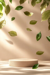 Poster - Floating green leaves cast shadows on a beige background with an empty podium, creating a serene and natural atmosphere.