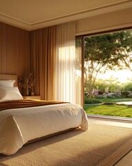 Canvas Print - Cozy bedroom with a view of a serene garden at sunset.