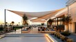 © Suthathip - Tensile fabric structure for outdoor events: A sleek tensile fabric structure stretches across an outdoor space, providing shelter and shade for events with its elegant, modern design.