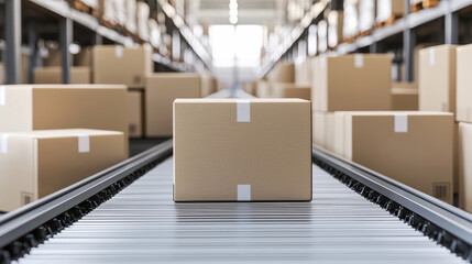 Poster - Cardboard boxes on a conveyor belt in a modern warehouse, representing logistics, shipping, and inventory management processes.
