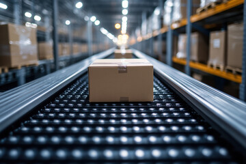 Poster - Cardboard box on conveyor belt in a warehouse, representing logistics, shipping, and packaging. Industrial interior with blurred background.