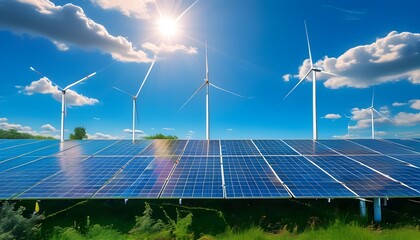 Dynamic landscape of solar panels and wind turbines reflecting the essence of renewable energy and sustainability under a sunny blue sky