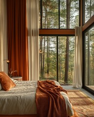 Poster - Cozy bedroom with large windows overlooking a forest.