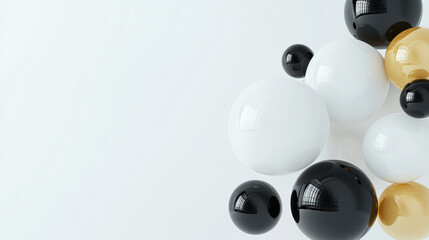Poster - Abstract composition of floating black, white, and gold spheres on a minimalistic light background, creating a modern and elegant visual aesthetic.