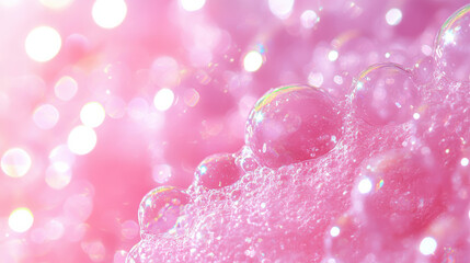 Poster - Close-up of shimmering pink bubbles with bokeh effect, creating a dreamy and whimsical atmosphere, perfect for backgrounds and creative projects.