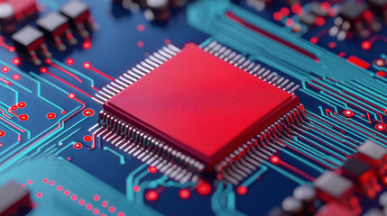Poster - Close-up view of a red computer chip on a blue circuit board with intricate details and glowing connections representing technology and electronics.