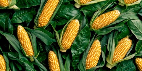 Canvas Print - Fresh yellow corn cobs lay on vibrant green leaves. This image captures the natural beauty of agricultural produce. Perfect for food, farming, and healthy eating concepts. AI