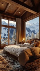 Sticker - Cozy bedroom with mountain view in a winter landscape.