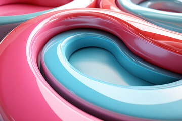 Poster - Abstract close-up of colorful, glossy twisted shapes in blue, pink, and red creating a modern, fluid, and vibrant visual experience.
