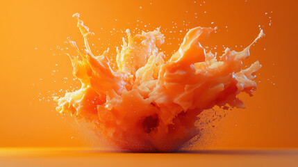 Poster - Vibrant orange liquid splash frozen in motion against bright background, capturing dynamic energy and fluidity in high detail.