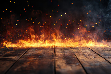 Poster - Intense flames and glowing embers on a wooden surface, creating a dramatic and fiery scene with sparks rising against a dark background.