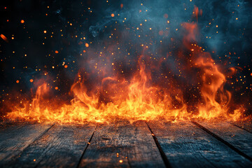 Poster - Intense flames rise from a wooden surface, emitting sparks and smoke, portraying the powerful force of fire against contrasting dark surroundings.