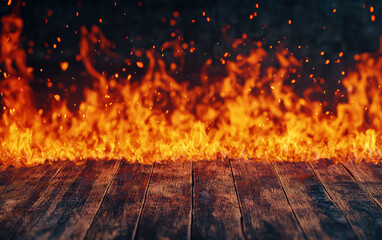 Poster - Intense flames blaze on a dark wooden floor creating a dramatic and fiery scene, perfect for concepts of danger, heat, and energy.