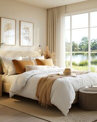 Wall Mural - Cozy bedroom with natural light and serene lake view.