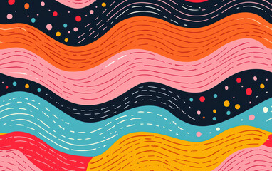 Poster - Abstract colorful wave pattern with vibrant curves and dots on a dark background. Bright design for artistic, modern, and contemporary projects.