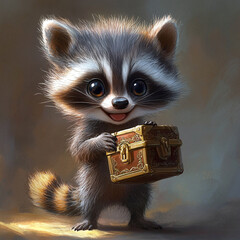 A tiny raccoon holding treasure chest and smiling, exuding joy and curiosity. This adorable creature captures essence of adventure and playfulness