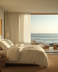 Wall Mural - Cozy bedroom with ocean view and natural light.