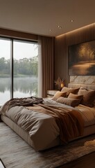 Wall Mural - Cozy bedroom with serene lake view and warm decor.