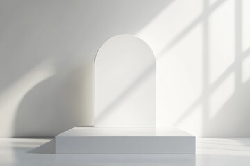 Poster - Minimalistic white arch on a solid platform bathed in soft sunlight, representing elegance and simplicity in contemporary interior design.