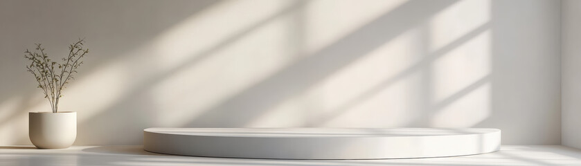 Poster - Minimalist white platform and potted plant casting shadows on a neutral wall, creating a serene and modern aesthetic perfect for design concepts.