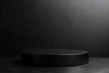 Poster - Minimalist black podium against a textured dark background, perfect for product showcasing or modern design displays. Ideal for advertising or presentations.