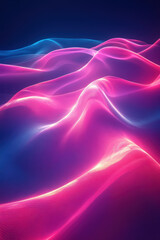 Poster - Vivid neon waves of pink and blue glowing fluid art create a mesmerizing abstract digital landscape with futuristic, ethereal elements.