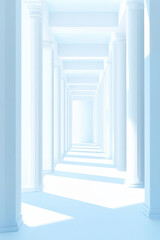 Poster - Brightly lit corridor with tall white columns casting long shadows, creating a minimalist and modern architectural aesthetic.