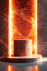 Abstract marble pedestal with glowing orange light backdrop. Modern, elegant display ideal for products and presentations.